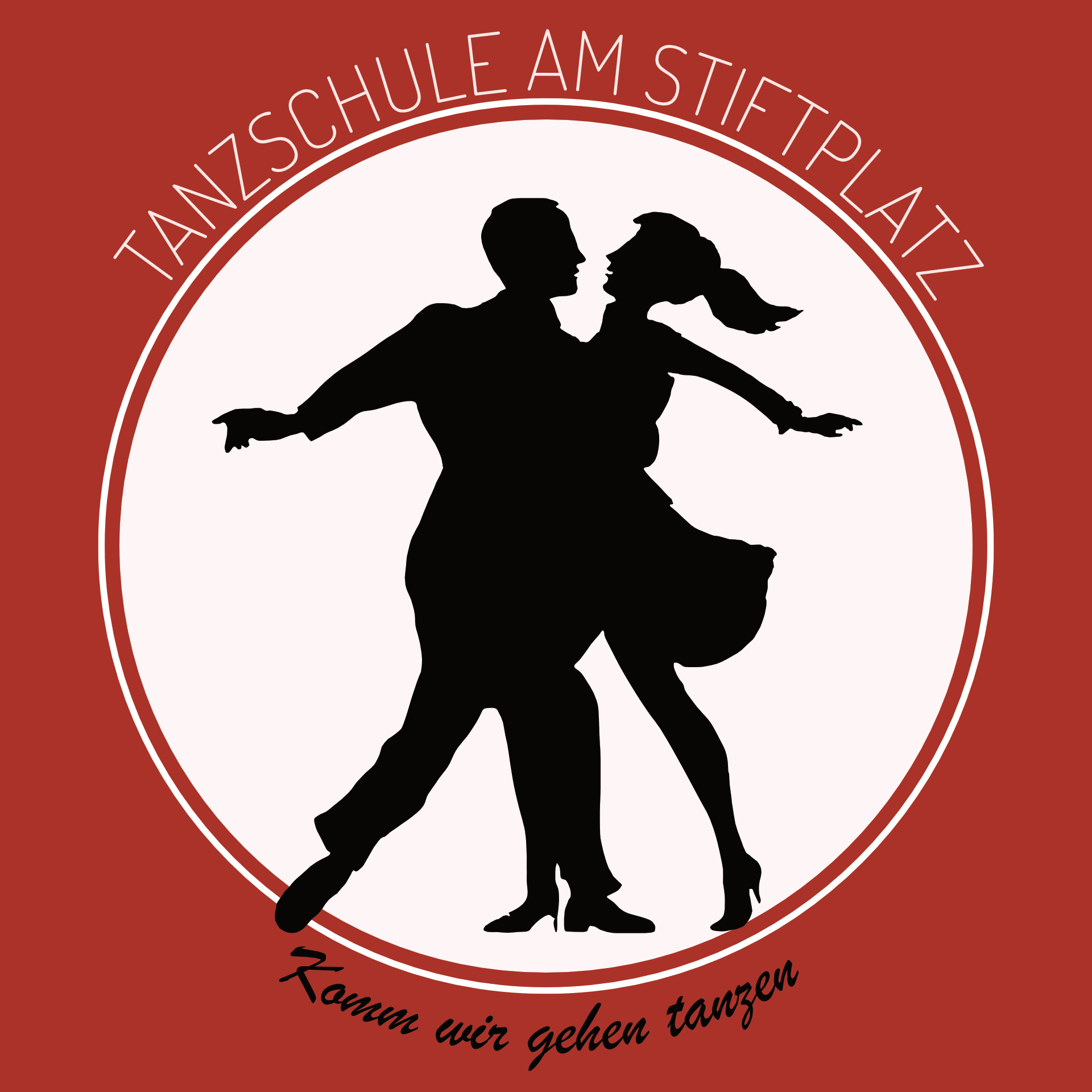 Logo der Tanzschule am Stiftplatz in Essen auf rotem Hintergrund